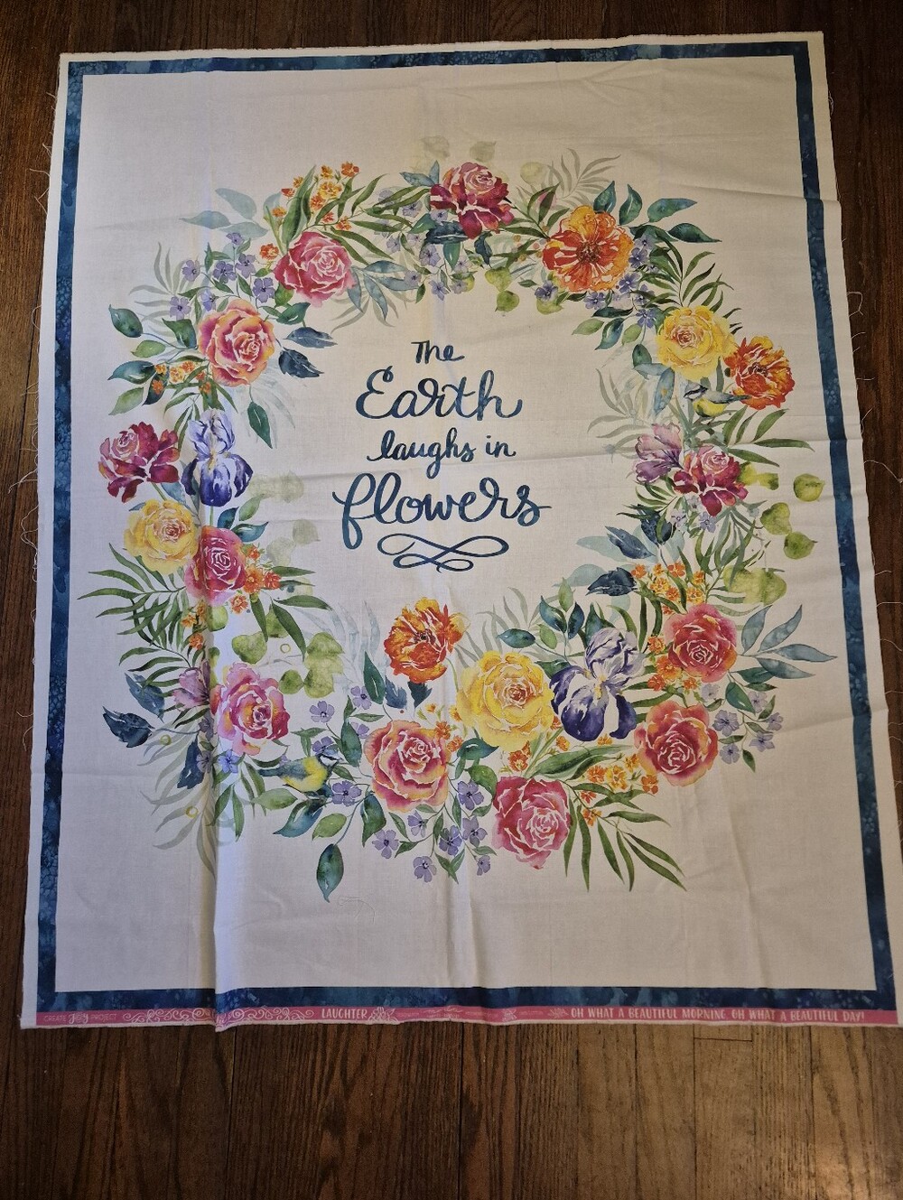 Fabric Panel Floral Wreath Wall or Quilt Tapestry "The Earth Laughs in Flowers"